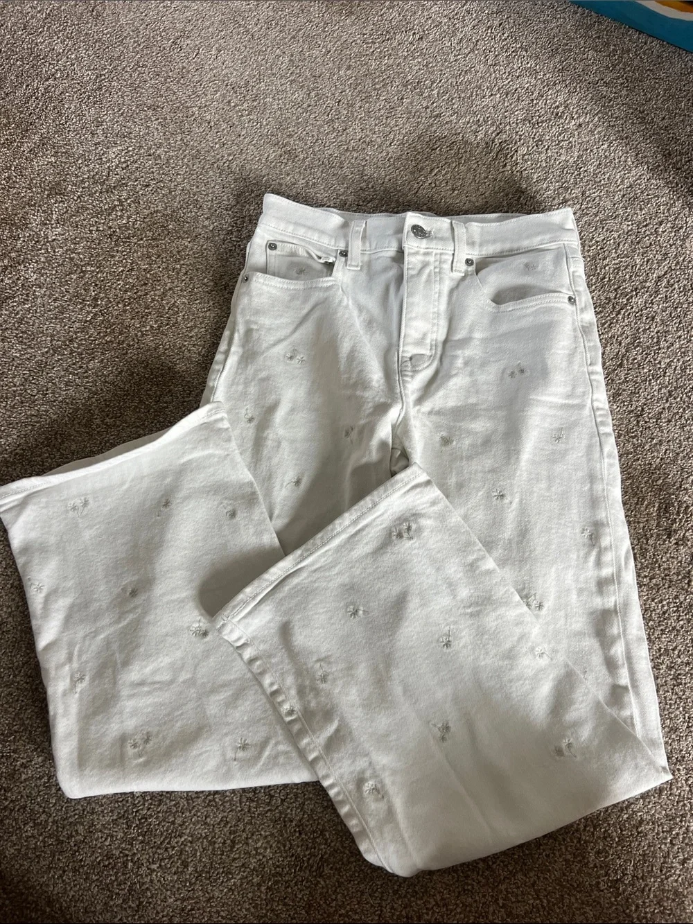J. Crew White Straight-Leg Jeans with Subtle Embroidered Stars